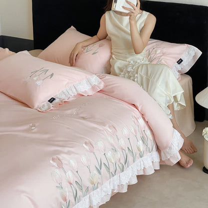Ownkoti Tulip Embroidery Ruffled Lace Cotton Bedding(4PCS) - image 10
