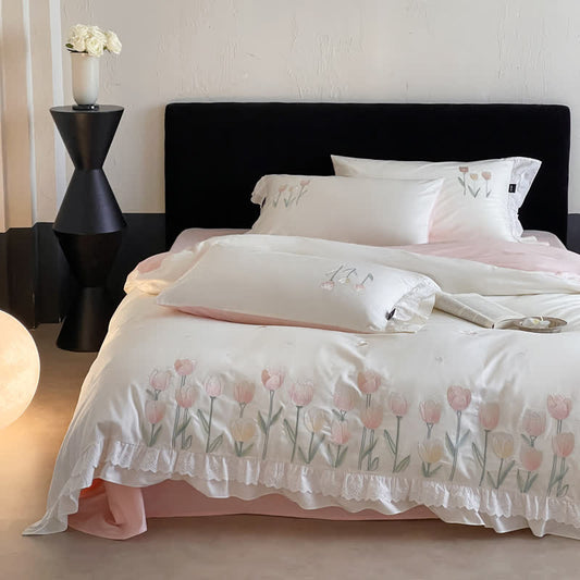 Ownkoti Tulip Embroidery Ruffled Lace Cotton Bedding(4PCS) - White - King - image 0