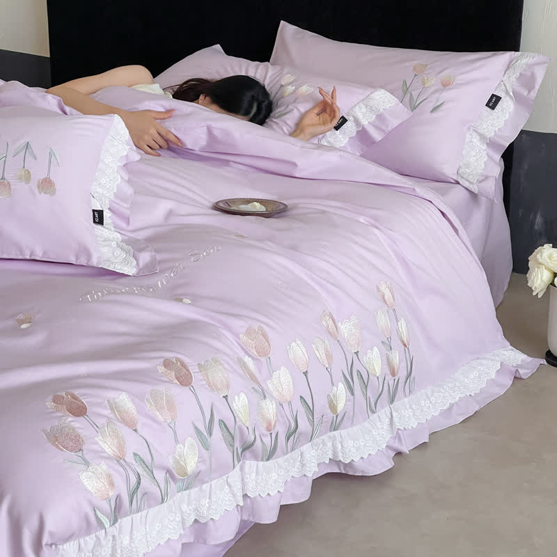 Ownkoti Tulip Embroidery Ruffled Lace Cotton Bedding(4PCS) - image 18