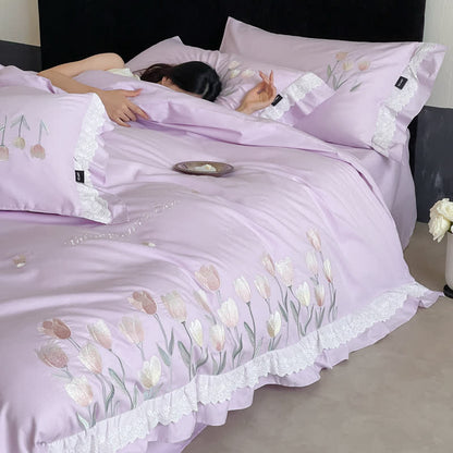 Ownkoti Tulip Embroidery Ruffled Lace Cotton Bedding(4PCS) - image 18