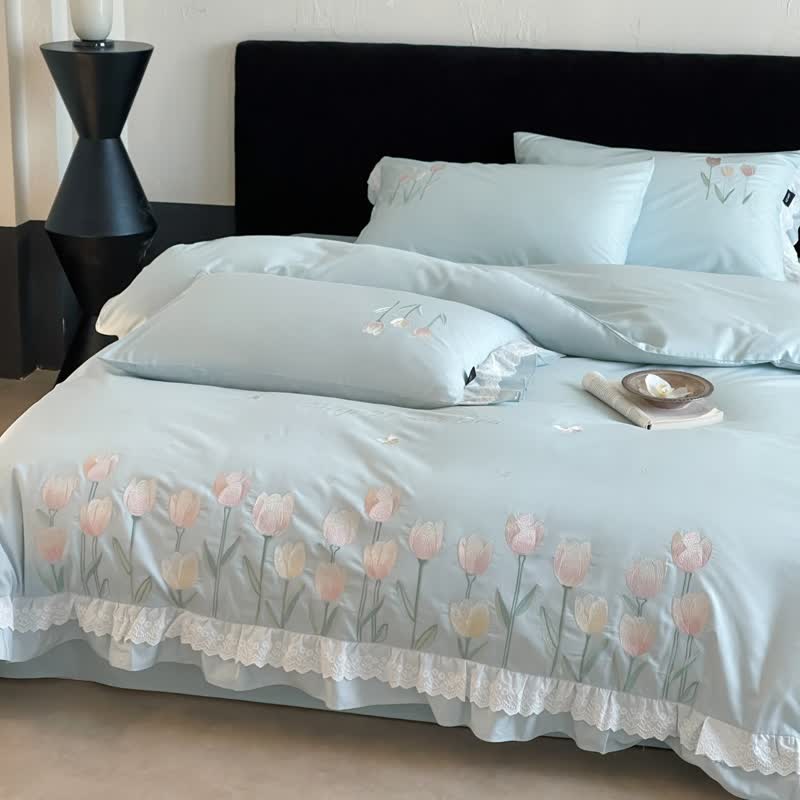 Ownkoti Tulip Embroidery Ruffled Lace Cotton Bedding(4PCS) - image 16