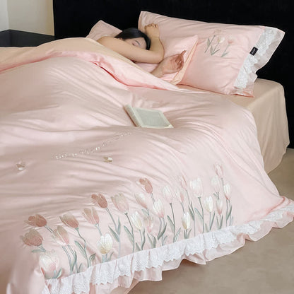 Ownkoti Tulip Embroidery Ruffled Lace Cotton Bedding(4PCS) - image 9