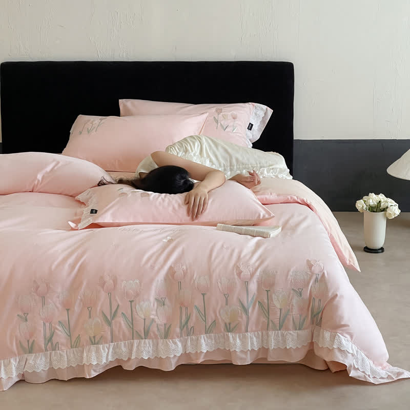 Ownkoti Tulip Embroidery Ruffled Lace Cotton Bedding(4PCS) - Pink - King - image 7
