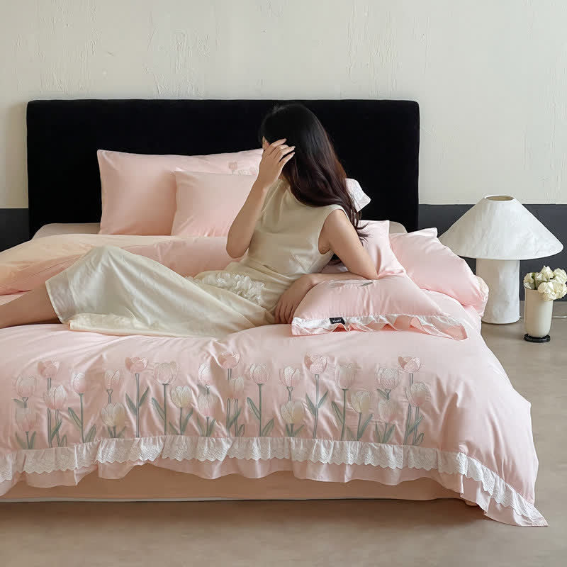 Ownkoti Tulip Embroidery Ruffled Lace Cotton Bedding(4PCS) - image 8