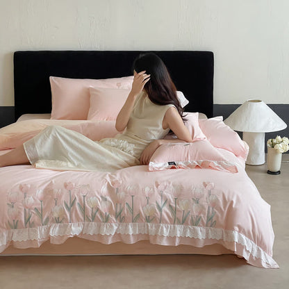 Ownkoti Tulip Embroidery Ruffled Lace Cotton Bedding(4PCS) - image 8