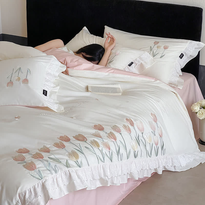 Ownkoti Tulip Embroidery Ruffled Lace Cotton Bedding(4PCS) - image 3
