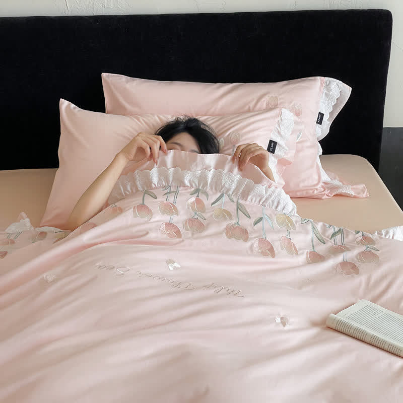 Ownkoti Tulip Embroidery Ruffled Lace Cotton Bedding(4PCS) - image 11
