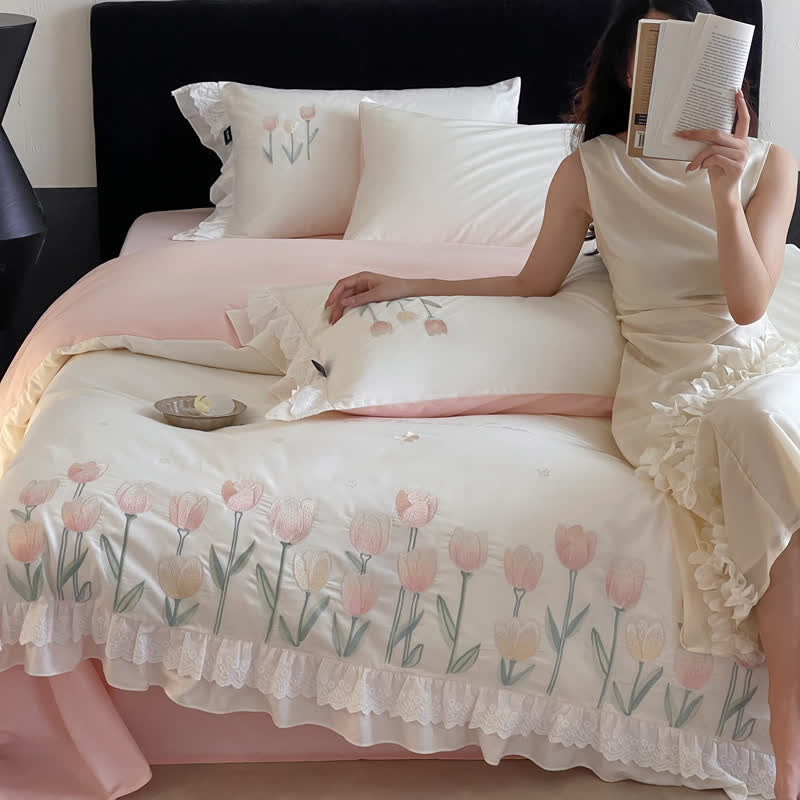 Ownkoti Tulip Embroidery Ruffled Lace Cotton Bedding(4PCS) - image 5