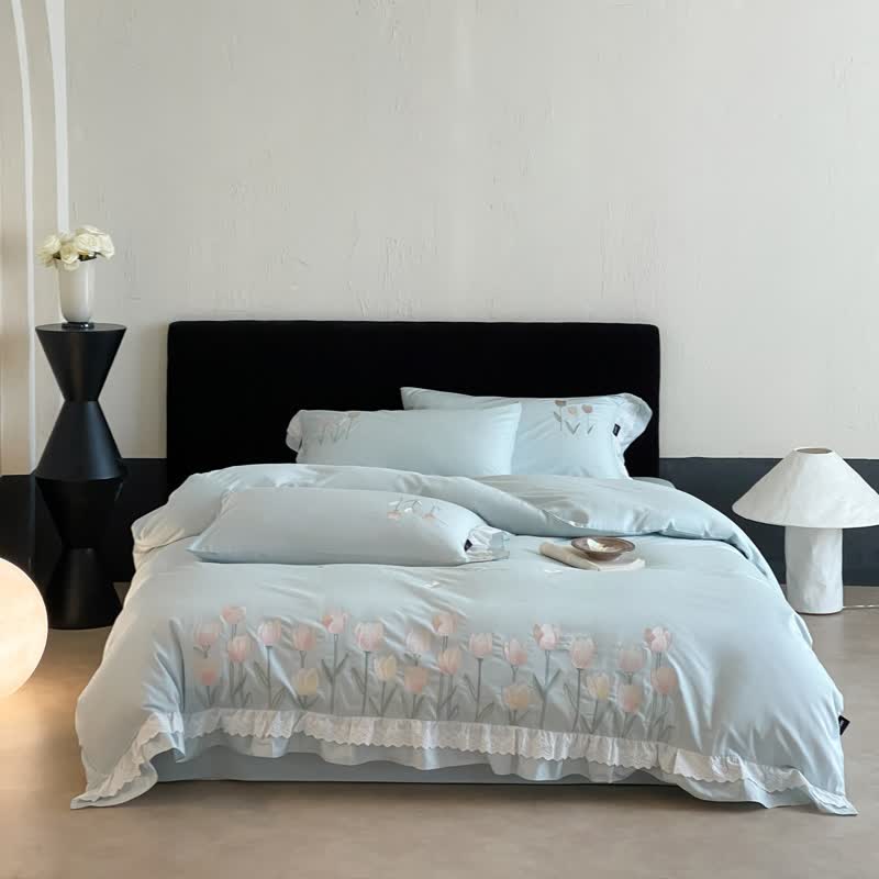 Ownkoti Tulip Embroidery Ruffled Lace Cotton Bedding(4PCS) - image 13