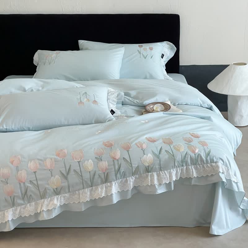 Ownkoti Tulip Embroidery Ruffled Lace Cotton Bedding(4PCS) - Blue - King - image 12
