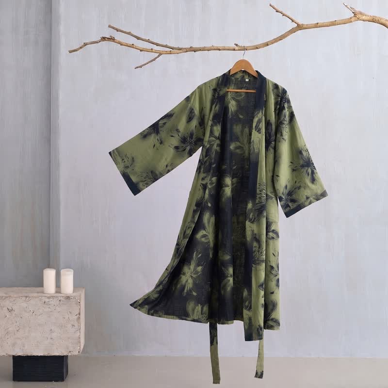 Ownkoti Watercolor Floral Organic Cotton Kimono Robe - Green - 2XL - image 21