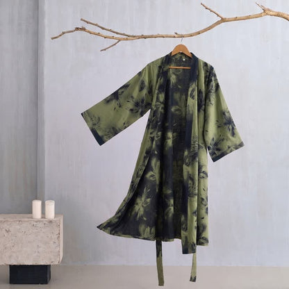 Ownkoti Watercolor Floral Organic Cotton Kimono Robe - Green - 2XL - image 21