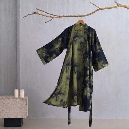 Ownkoti Watercolor Floral Organic Cotton Kimono Robe - Dark Green - 2XL - image 14