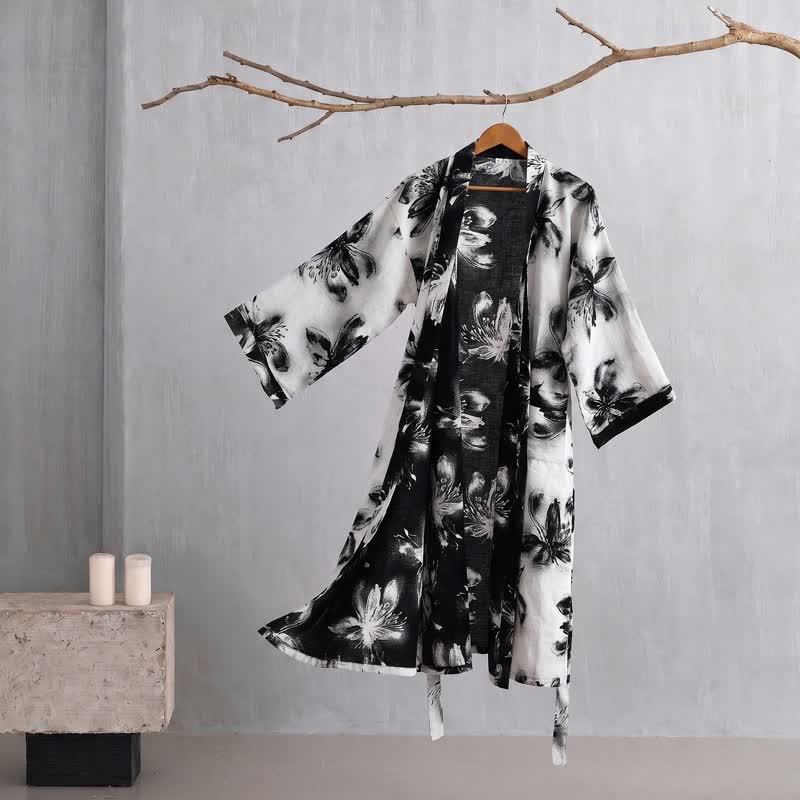 Ownkoti Watercolor Floral Organic Cotton Kimono Robe - Beige - 2XL - image 31