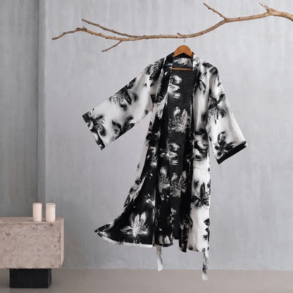 Ownkoti Watercolor Floral Organic Cotton Kimono Robe - Beige - 2XL - image 31