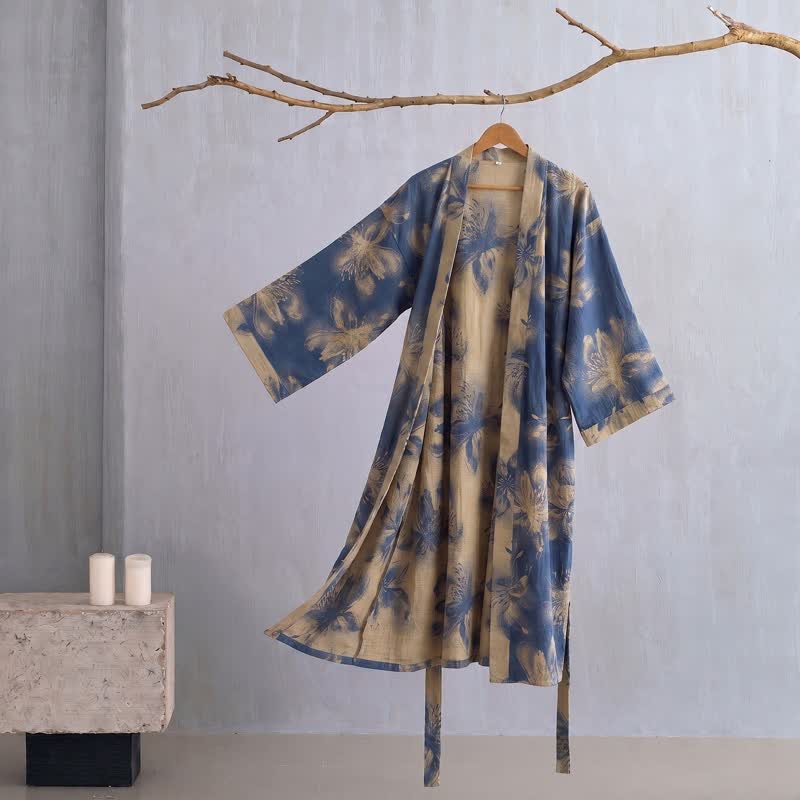 Ownkoti Watercolor Floral Organic Cotton Kimono Robe - Blue - 2XL - image 0