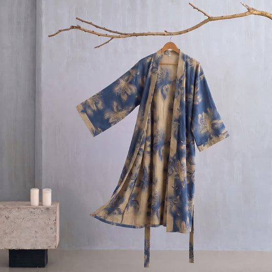 Ownkoti Watercolor Floral Organic Cotton Kimono Robe - Blue - 2XL - image 0