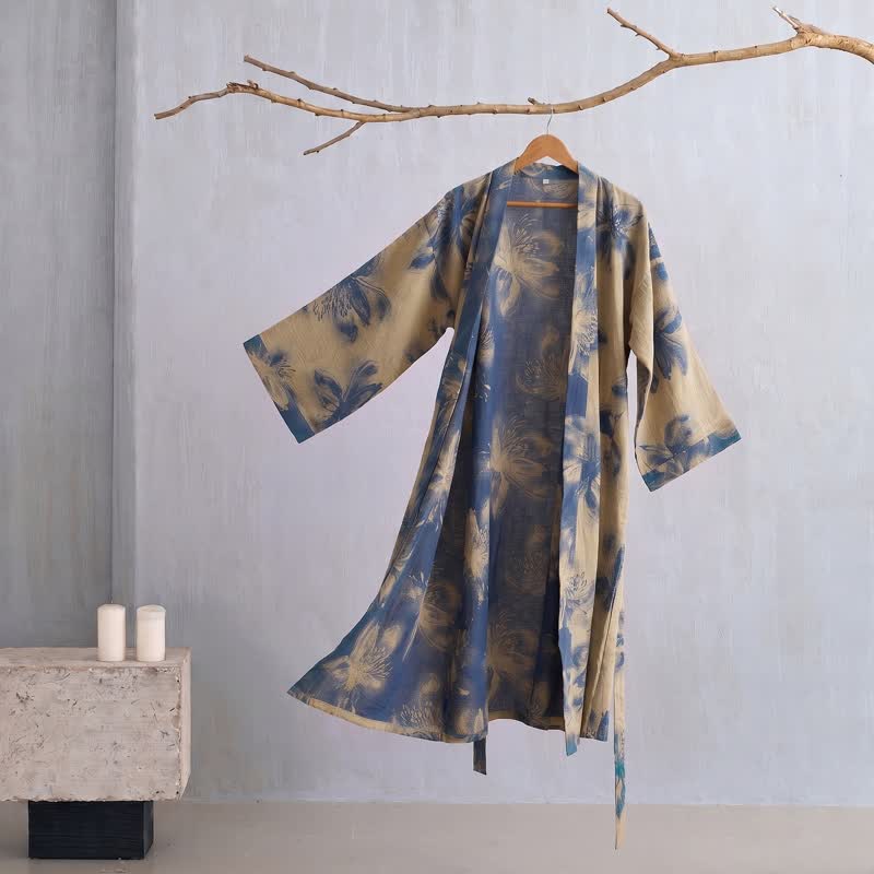 Ownkoti Watercolor Floral Organic Cotton Kimono Robe - Yellow - 2XL - image 7