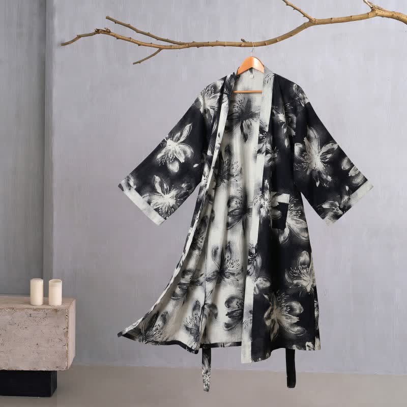 Ownkoti Watercolor Floral Organic Cotton Kimono Robe - Black - 2XL - image 28