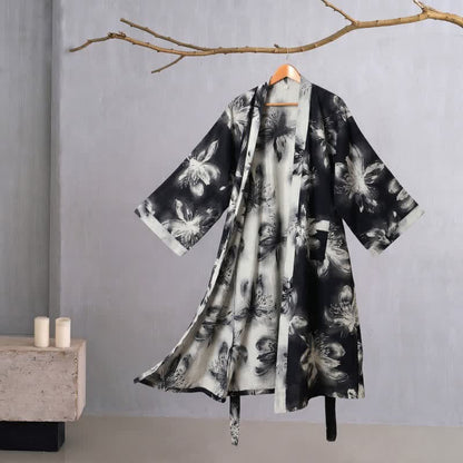 Ownkoti Watercolor Floral Organic Cotton Kimono Robe - Black - 2XL - image 28