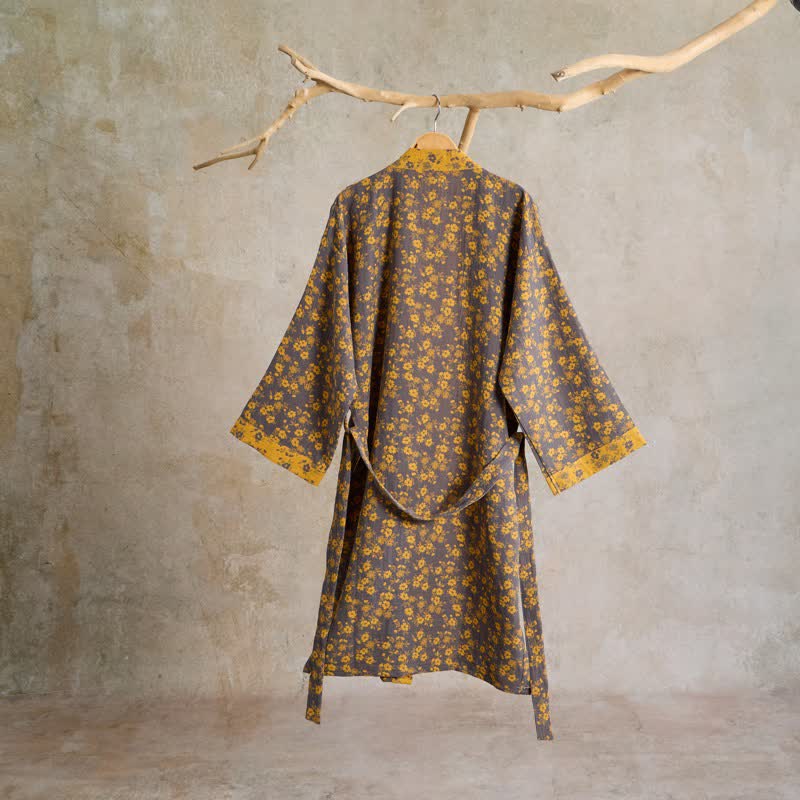 Ownkoti Yellow Floral Cotton Gauze Kimono Robe - image 1