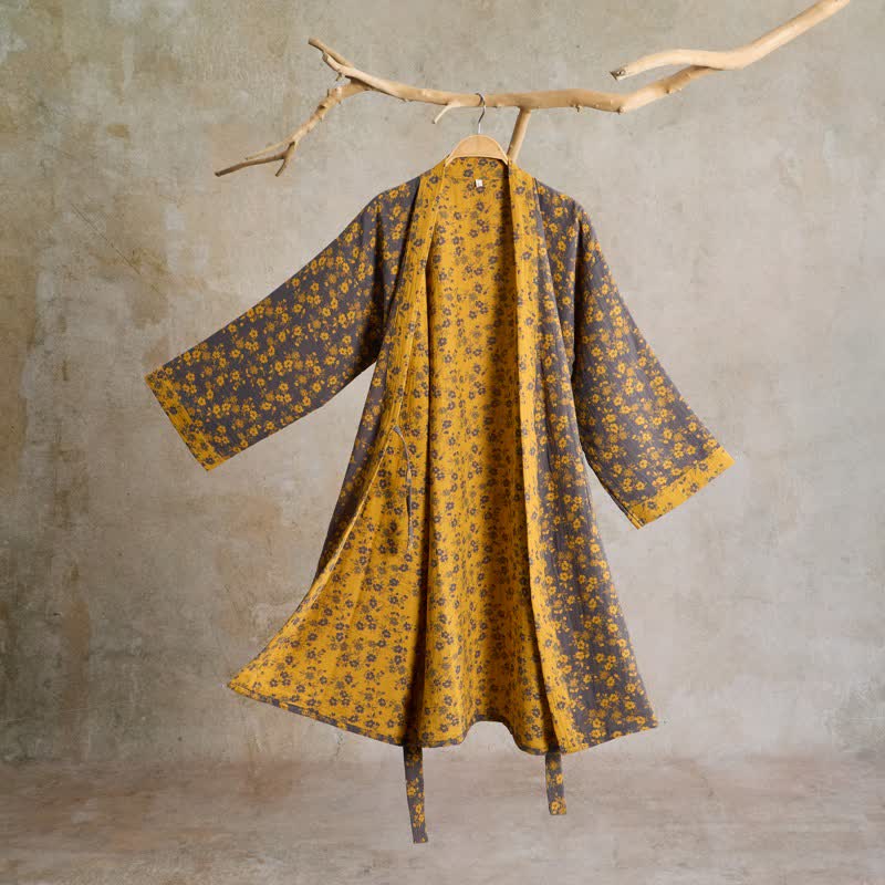Ownkoti Yellow Floral Cotton Gauze Kimono Robe - image 2