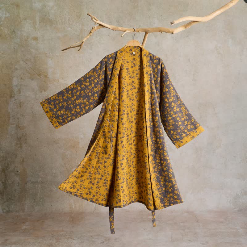 Ownkoti Yellow Floral Cotton Gauze Kimono Robe - Yellow - L - image 0