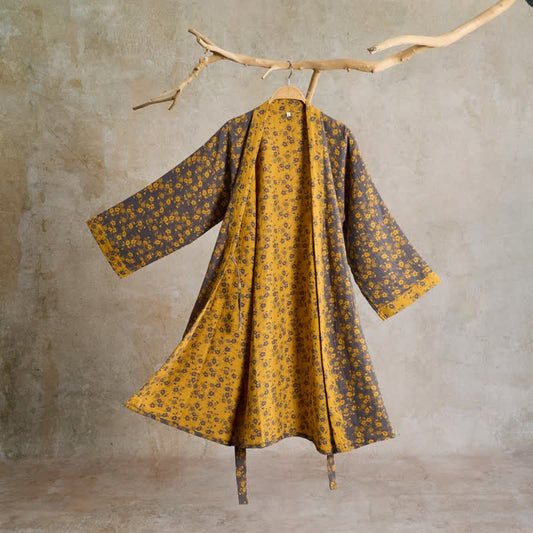 Ownkoti Yellow Floral Cotton Gauze Kimono Robe - Yellow - L - image 0