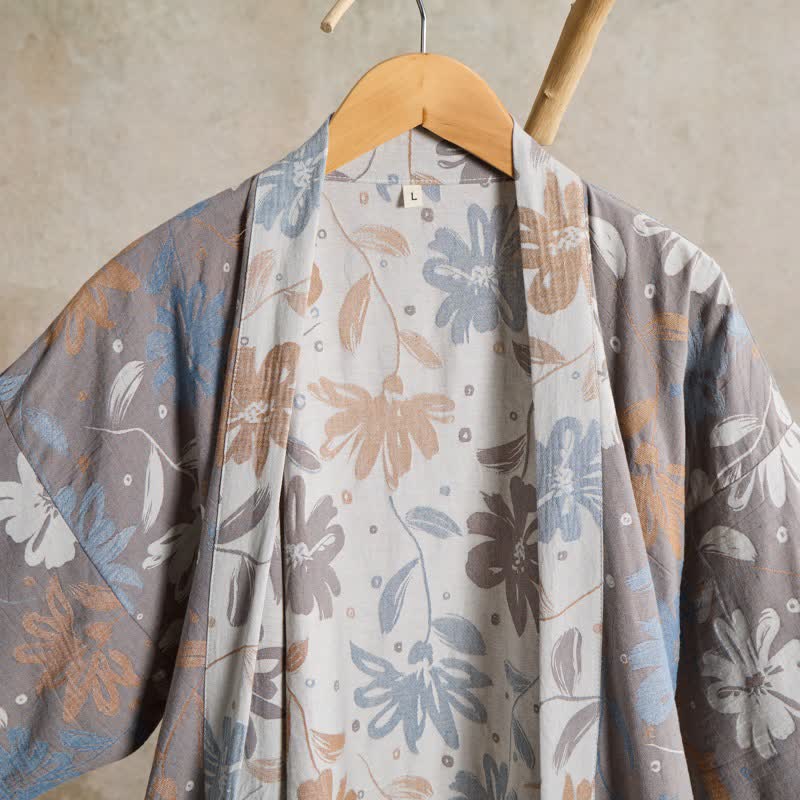 Ownkoti Gray Floral Cotton Gauze Kimono Robe - image 3