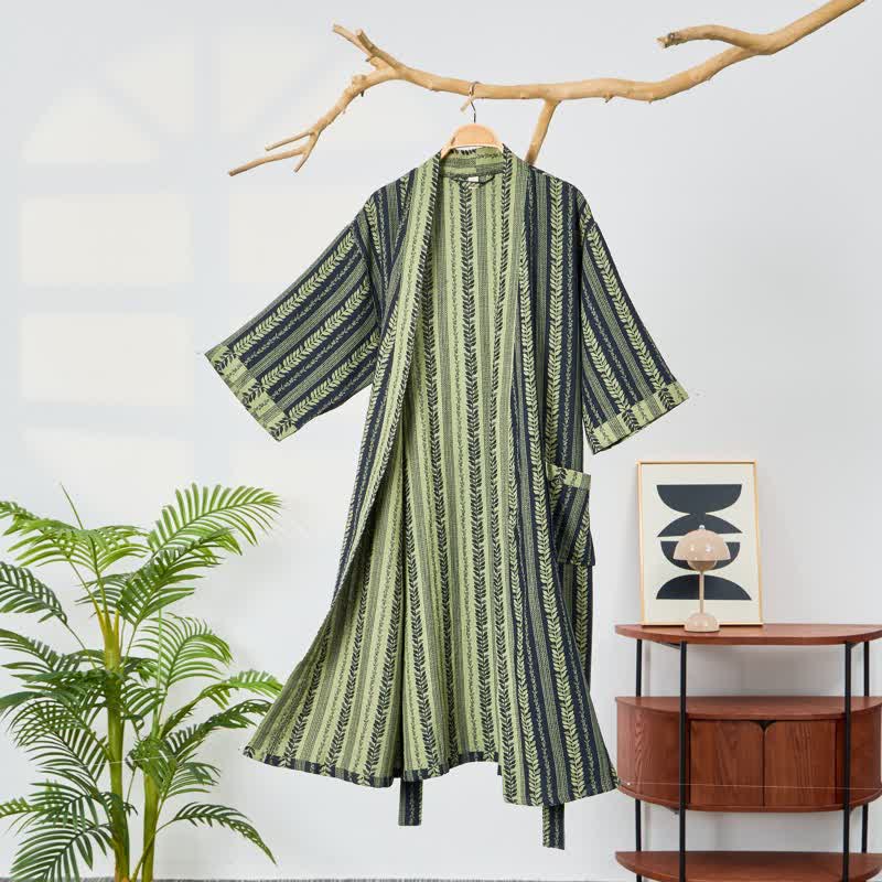 Ownkoti Leaf Striped Cotton Gauze Kimono Robe - Green - XL - image 0