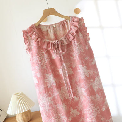 Ownkoti Pink Botanical Leaf Cotton Ruffle Nightgown - image 2