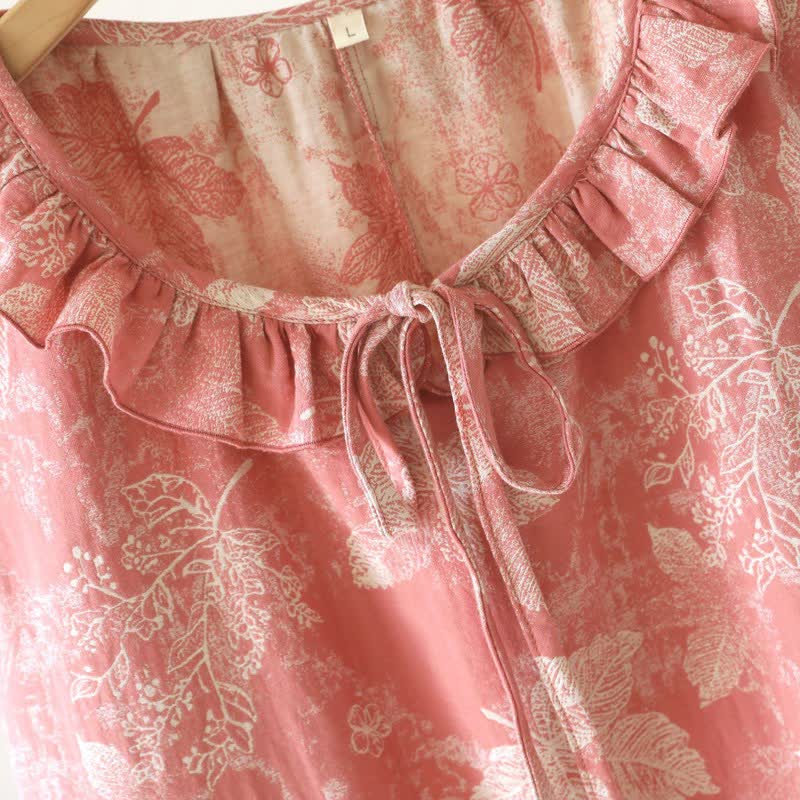 Ownkoti Pink Botanical Leaf Cotton Ruffle Nightgown - image 4