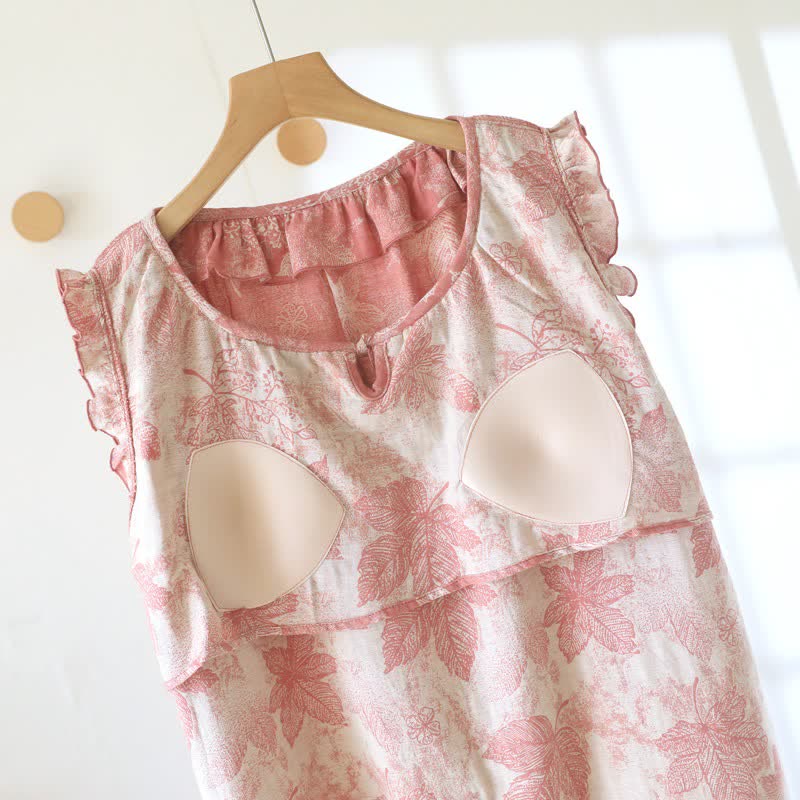 Ownkoti Pink Botanical Leaf Cotton Ruffle Nightgown - image 6