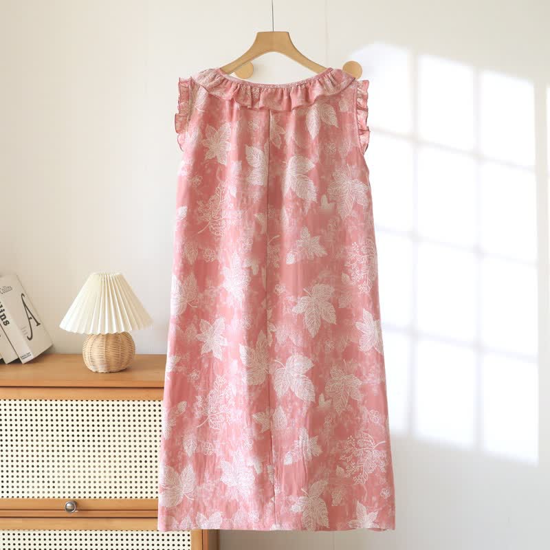 Ownkoti Pink Botanical Leaf Cotton Ruffle Nightgown - image 1