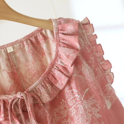 Ownkoti Pink Botanical Leaf Cotton Ruffle Nightgown - image 5