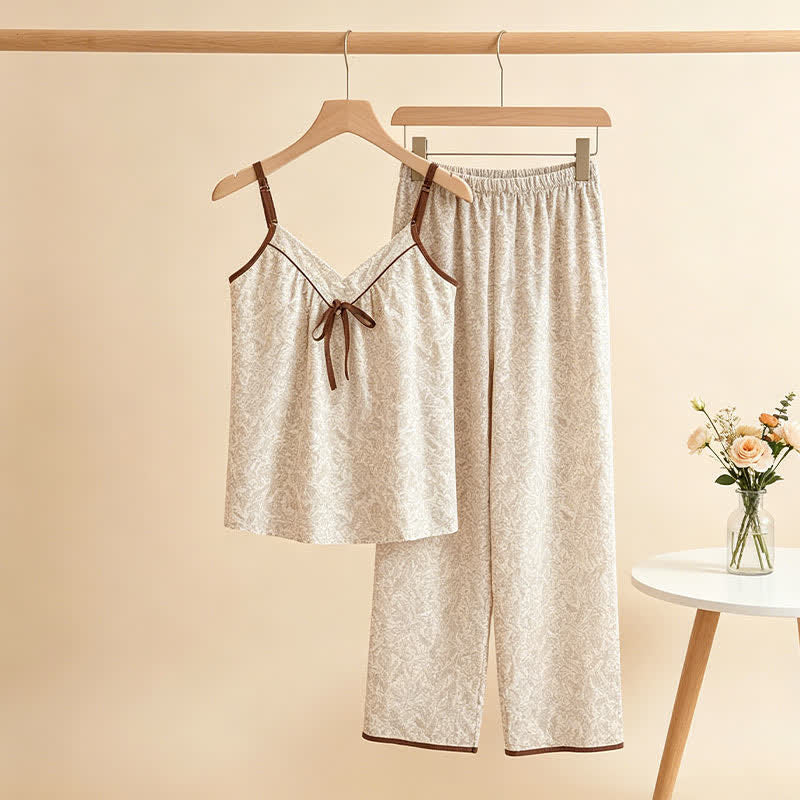 Ownkoti Beige Bow Detail Cami Lounge Set - image 1