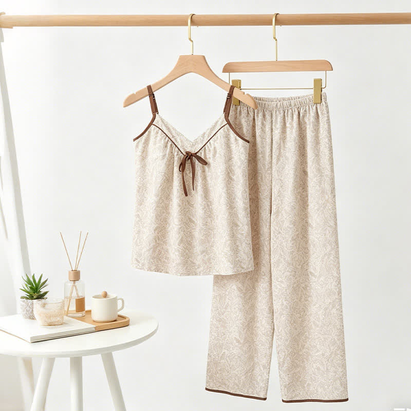 Ownkoti Beige Bow Detail Cami Lounge Set - image 0