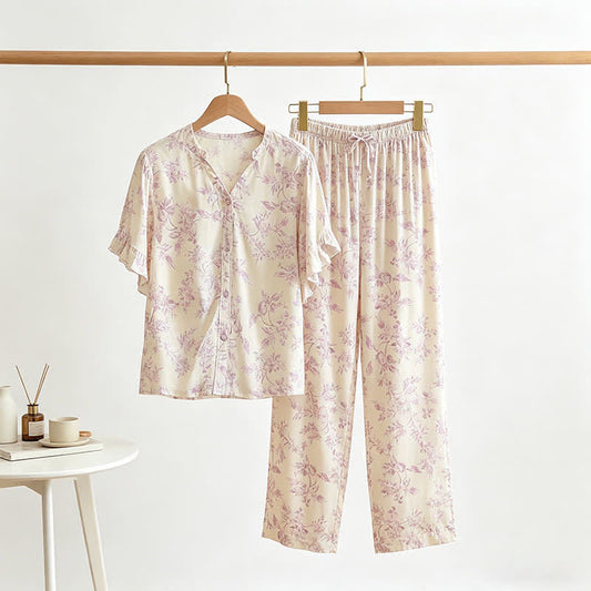 Ownkoti Lavender Floral Ruffle Sleeve Loungewear Set - Purple - L - image 0