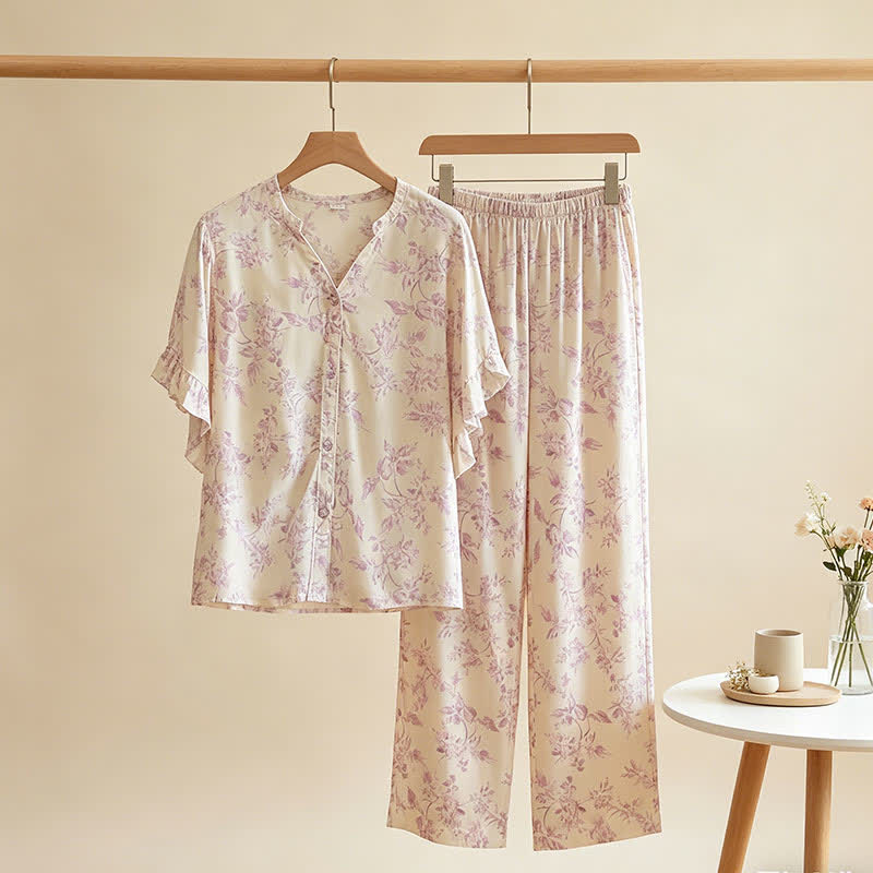 Ownkoti Lavender Floral Ruffle Sleeve Loungewear Set - image 1