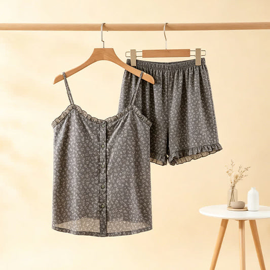 Ownkoti Floral Cotton Ruffle Cami Pajama Set - Gray - L - image 0