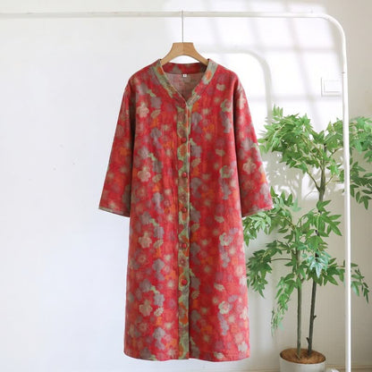 Ownkoti Vintage Floral Cotton Gauze Lounge Dress - Red - XL - image 5