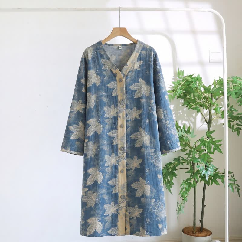 Ownkoti Blue Leaf Cotton Gauze Sleep Nightie - Blue - XL - image 0