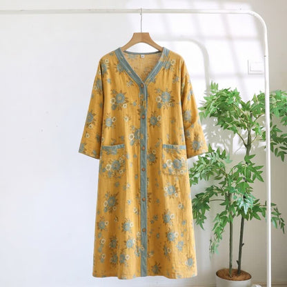 Ownkoti Yellow Floral Cotton Lounge Dress - Yellow - 5XL - image 0
