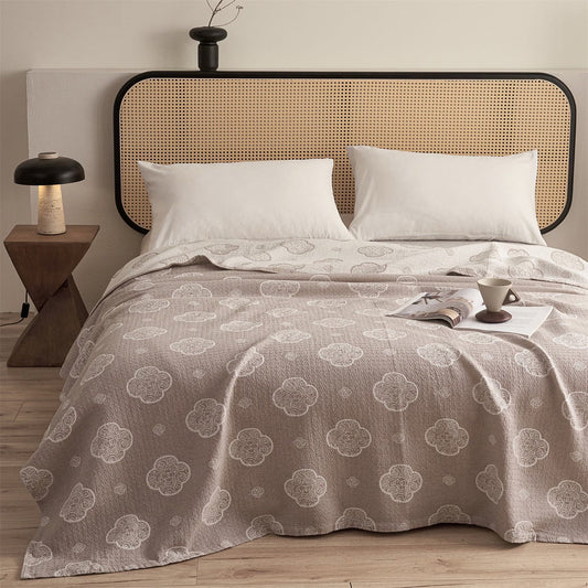 Ownkoti Oriental Ruyi Cloud Jacquard 3-Layer Gauze Quilt - Camel - Queen - image 0