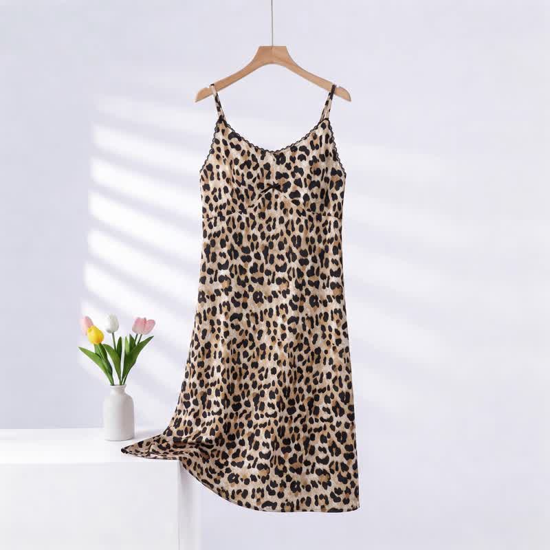 Ownkoti Leopard Print Lace Trim Nightgown - Brown - XXXL - image 8
