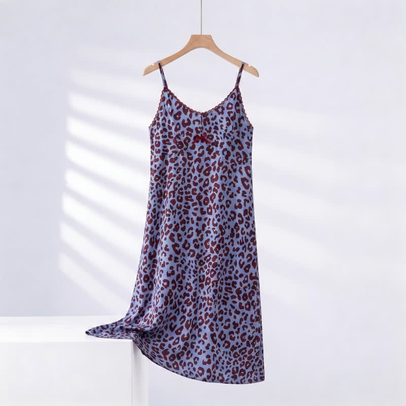 Ownkoti Leopard Print Lace Trim Nightgown - Blue - XXXL - image 3
