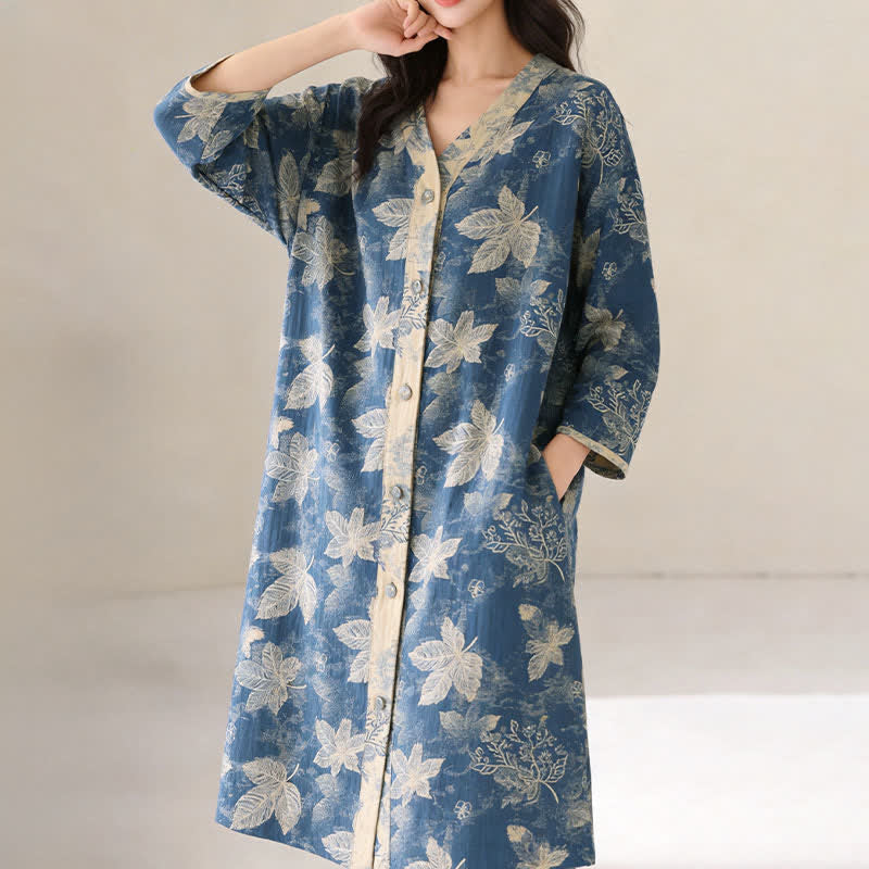 Ownkoti Blue Leaf Cotton Gauze Sleep Nightie - image 1