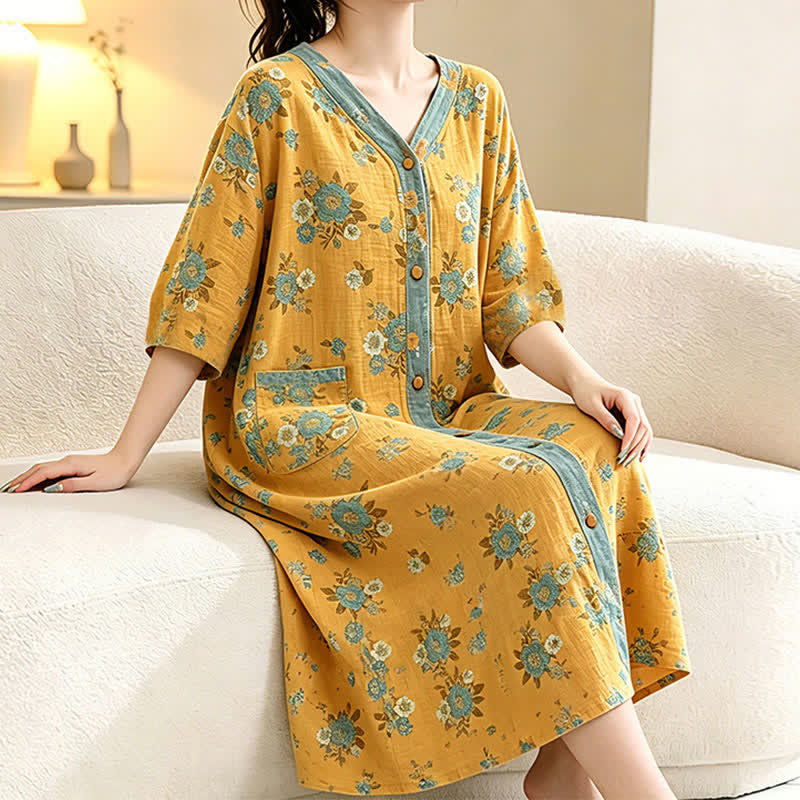 Ownkoti Yellow Floral Cotton Lounge Dress - image 1