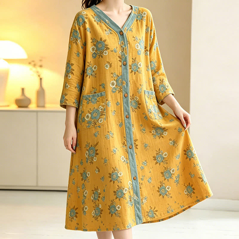 Ownkoti Yellow Floral Cotton Lounge Dress - image 2