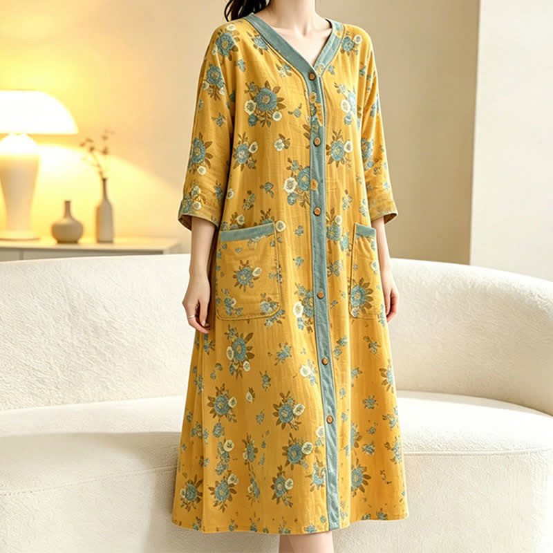 Ownkoti Yellow Floral Cotton Lounge Dress - image 3